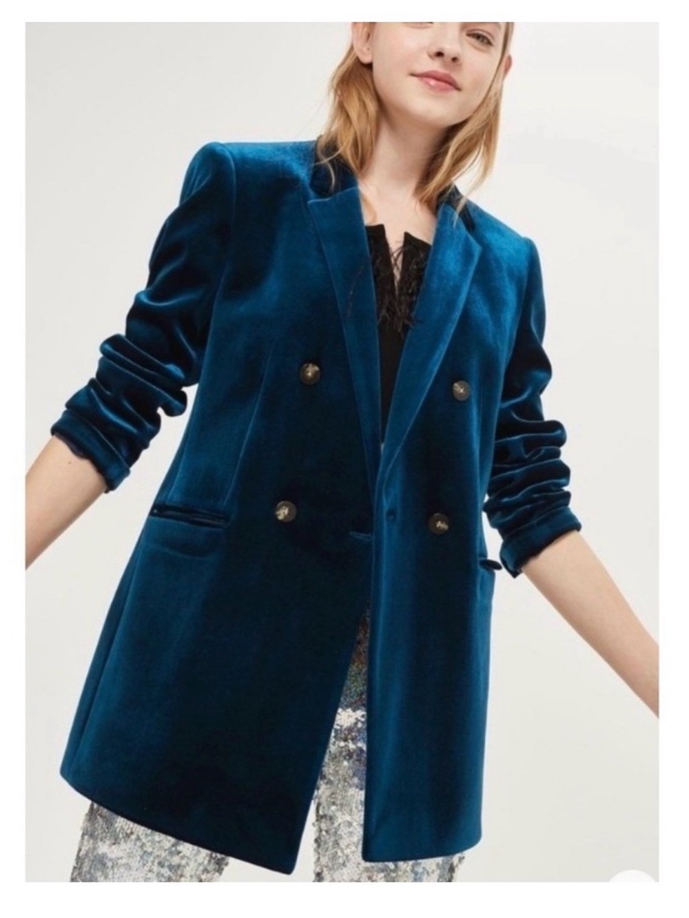 Topshop Velvet Double-Breasted Blazer Jacket - Teal Blue size 12 gorgeous NWT